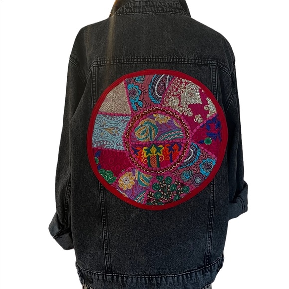 Reworked Black Boho Stonewashed Denim Jacket - Picture 6 of 14